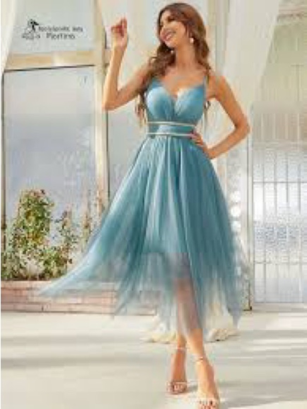 Ever Pretty ~ Elegant Blue Tulle Midi Dress with V-Neck size 6
